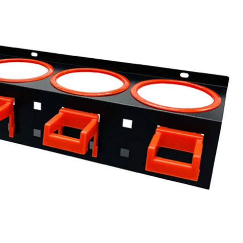 Extra Sturdy Carbon Steel Wall Storage Rack for Spray Bottles and Workshop Tools Built Like a Beast with Hella Room for Clutter and Easy Installation Anywhere in Your Space with orange fittings.