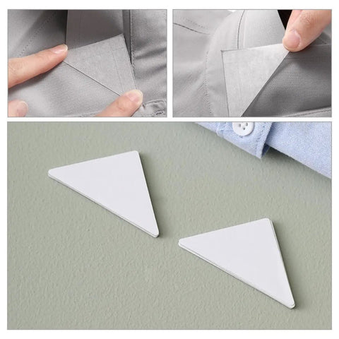 Never Let A Limp Collar Ruin Vibe As You Rock This 240 Pack Of Adhesive Pvc Shirt Stays Designed To Keep Every Outfit Sharp And Travel Ready For Busy Days When You Need Reliable Wardrobe Support - showing adhesive PVC collar stays in use.