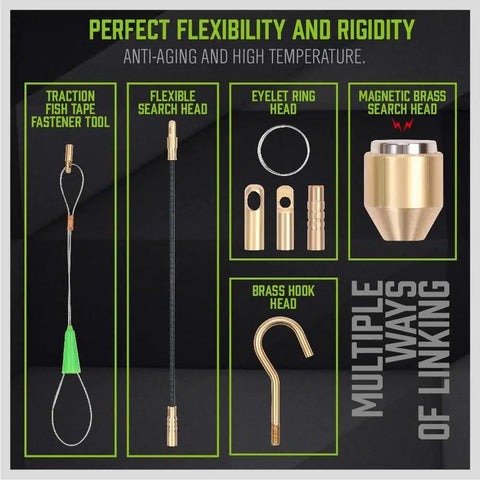 Multiple linking tools from Fiberglass Running Wire Tape Kit For Electrical Installations With Glow Rods, brass connectors visible.