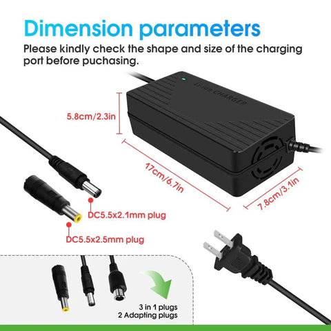 Fast Lane 54.6V 48V Battery Charger With 3A And 5A Settings showcasing dimensions and compatible plugs for RVs and boats.