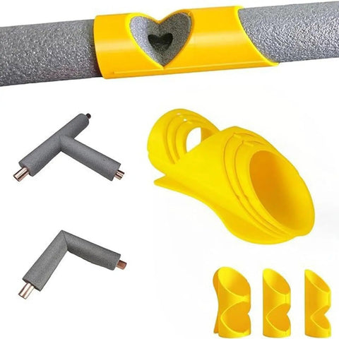 Three Piece Foam Pipe Cutter Kit For Insulation Lagging Cutting Handy Fixture with yellow fixture, foam pipes, and fittings