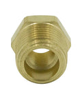 Brass NPT reducing bushing 3/8 in male to 1/4 in female, hex head pipe fitting, close-up, pack of 5