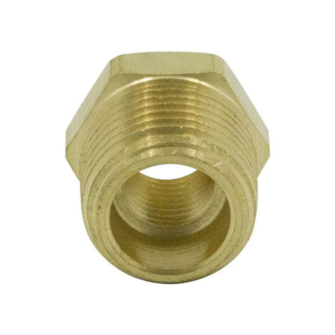 Brass NPT reducing bushing 3/8 in male to 1/4 in female, hex head pipe fitting, close-up, pack of 5