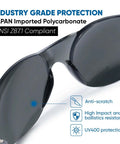 Tinted Safety Glasses Bulk Pack of 24, Protective Sunglasses With Dark Smoke Lenses for UV Protection, ANSI Z87.1 Impact Resistant Eye Gear for Work, Lab and Construction, shown close-up highlighting the anti-scratch and UV400 protection features.