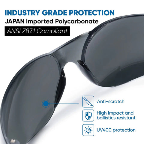 Close-up of Bulk Pack 48 Tinted Safety Glasses With Dark Smoke Lenses For UV400 Protection and ANSI Z87.1 compliance.