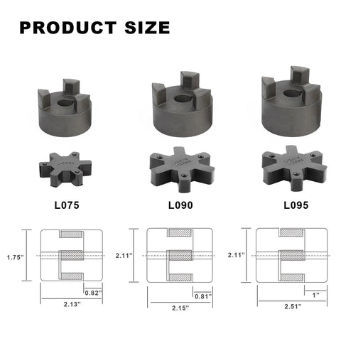 PRODUCT SIZE chart for Half To Seven Eighth Inch L090 Three Piece L Jaw Coupling Set With Buna N NBR Rubber Spider For Log Wood Splitter Heavy Duty Power Transmission Shaft Couplings