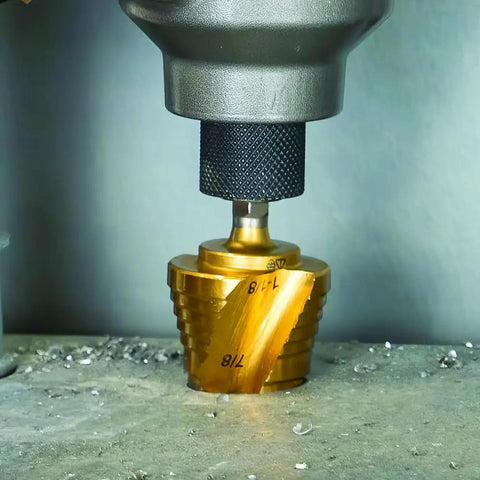 Heavy Duty Step Drill Bit from Heavy Duty Step Drill Bit Set For DIY With Spiral Double Fluted Titanium Nitride Coated Bits in use