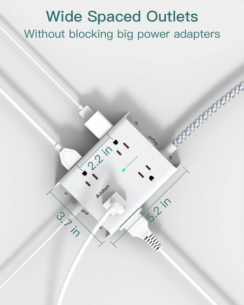 Top view of 12 In 1 Surge Protector Power Strip with 8 AC outlets, 4 USB ports, 5-foot braided cord, three-sided design.