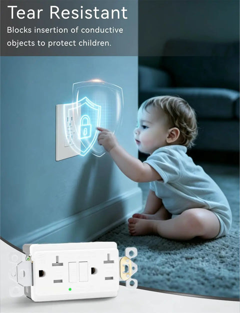 Top Shelf 20 Amp GFCI Outlet With Auto Self Triggering Ground Fault Breaker And Bright Led Light Weather Proof Receptacle with child safe features.