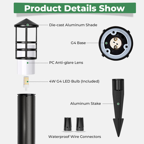 Product details showing Top Tier Low Voltage Landscape Pathway Lights With Replaceable LED G4 Bulbs 12V components and design features.