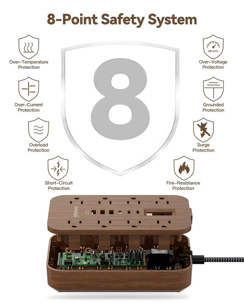 Wooden Walnut Power Strip With USB Ports, 5 Ft Long, 8 AC Outlets, 6 USB Ports Including USB C Fast Charging, safety system diagram