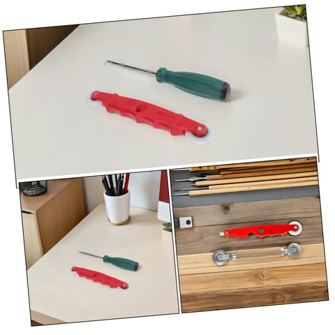 Collage showing 4 Piece Screen Rolling Tool Spline Roller With Bearing Wheel For Window And Door Repairs DIY Friendly Durable.