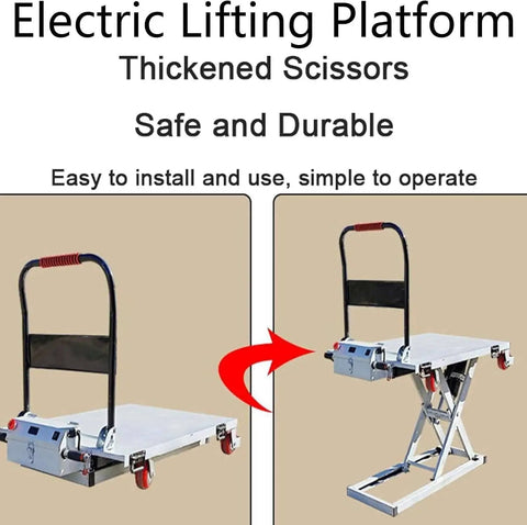Heavy Duty Portable Hydraulic Lift Table Cart With Electric Motor And Strong Steel Shear Fork For Moving Heavy Loads Up To 660 Lbs Safely In Warehouse Or Garage Jobs, showing scissor lift design.