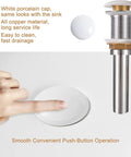 Close-up of pop-up drain mechanism with finger pressing button for large oval vessel sink 24 inch by 13.8 inch white ceramic above counter bathroom sink with pop up drain modern European style vessel bowl for vanity remodel durable smooth gloss finish wow worthy centerpiece.