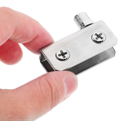 Person holding a Stainless Steel Glass Door Hinge for 5 to 7mm Thick Glass, 4 Pack Pivot Hinges for Shower Doors and Display Cabinets