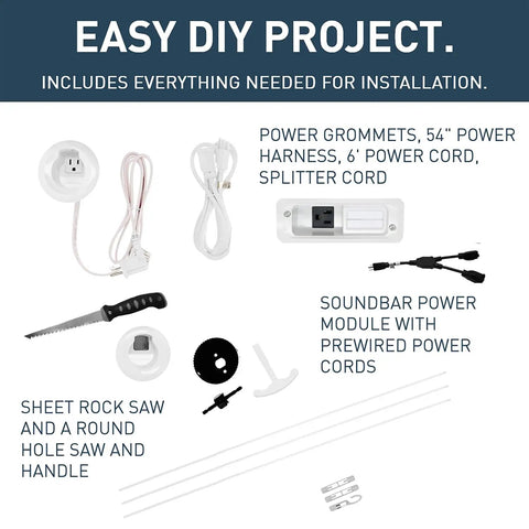 In Wall TV Power And Soundbar Grommet Kit With Mounting Brackets 54 Inch Power Harness 6 Foot Cord Fish Tape Sheet Rock Saw Round Hole Saw And Splitter Cord For Clean Cable Management And Hide Cords White One Pair