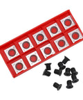 Rock Solid 14Mm Carbide Cutter Inserts 10 Pack Square 4 Sided Rotatable Blades For Woodworking Spiral Planer Head With M6 Screws in red case.