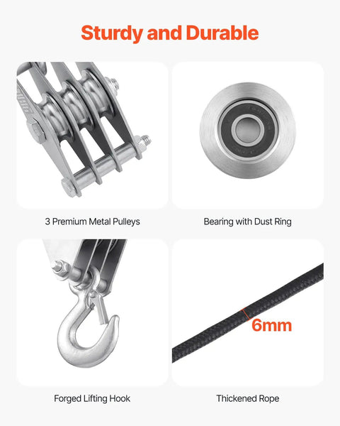 4400 Lbs Breaking Strength Rope Pulley Hoist With 100 Ft Rope 5 To 1 Lifting Power Beefy Heavy Duty Pulley System With Two Soft Loops Metal Wheels Bearing Structure Block And Tackle For Lifting Heavy Objects, 3 metal pulleys, 6mm rope