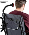 Assistive Tech Spring Clamp Kit with 24 inch flexible hose arm mounted on wheelchair, shown with separate switch