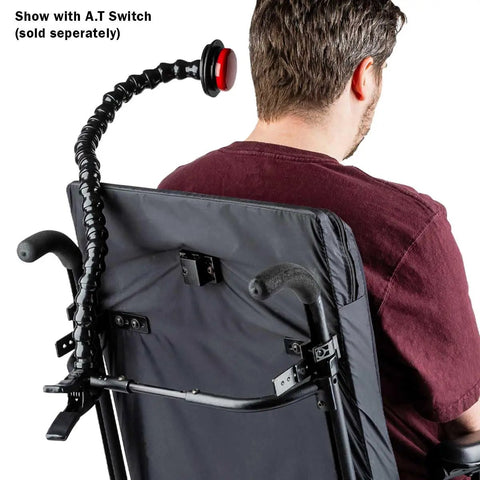 Assistive Tech Spring Clamp Kit with 24 inch flexible hose arm mounted on wheelchair, shown with separate switch