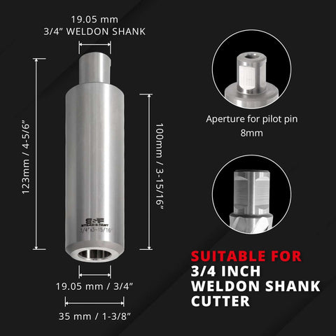 Side view of S&F Stead & Fast annular cutter extension, 4 in (100 mm) for 3/4 in Weldon shank
