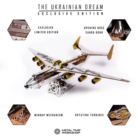 Antonov Mriya AN-225 Exclusive Edition Mechanical Model Kit showing opening nose, cargo door, and rotating turbines.