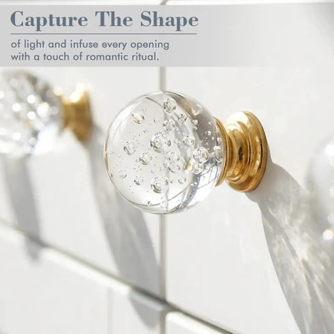 Crystal Bubble Ball Cabinet Knobs 12 Pack Dope Transparent Sphere Handles with Gold Aluminum Base on white cabinet