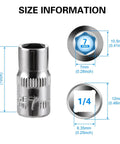 Detailed size chart for 7mm Socket Set Four Piece With One Quarter Inch Drive, Six Point Deep And Shallow Sockets, Rust Resistant And Pro Grade.