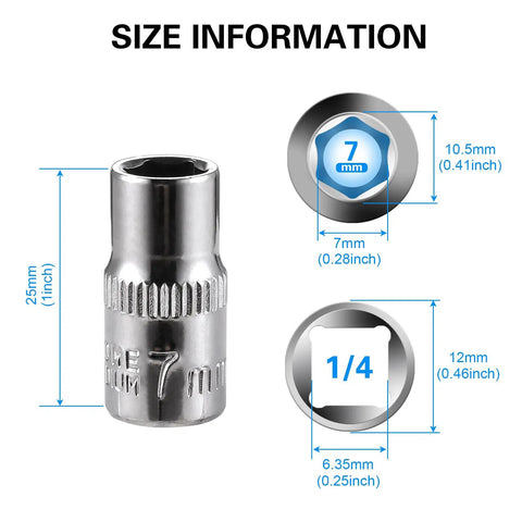 Detailed size chart for 7mm Socket Set Four Piece With One Quarter Inch Drive, Six Point Deep And Shallow Sockets, Rust Resistant And Pro Grade.