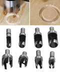 Top Shelf Eight Piece Cork Drill Bit Set High Carbon Steel Wood Plug Cutter showing various sizes and precision edge for woodworking.