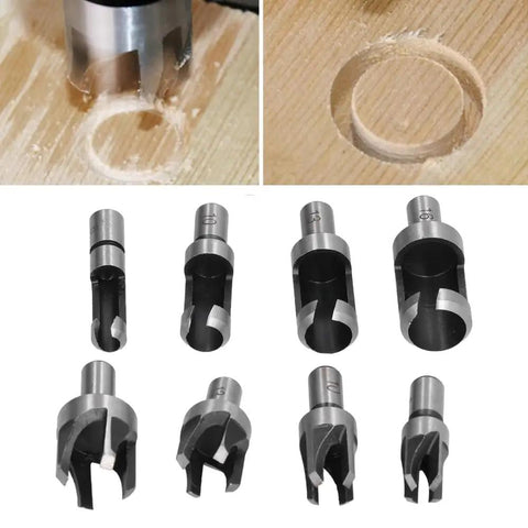 Top Shelf Eight Piece Cork Drill Bit Set High Carbon Steel Wood Plug Cutter showing various sizes and precision edge for woodworking.