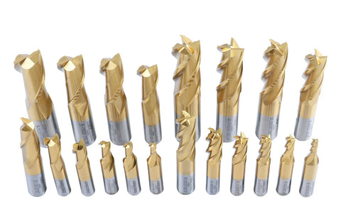 20-piece TiN-coated HSS end mill set, sizes 3/16 to 3/4 in, 2F and 4F, straight shank, wood case