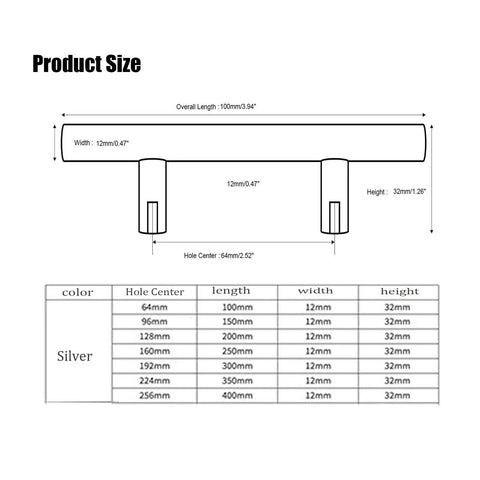 Diagram of Stainless Steel Cabinet Drawer Handles 224mm Long, Universal Furniture Hardware with measurements and size chart.
