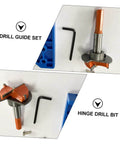 Front view of hinge drill guide set with orange drill bit assembly, locking plate, hex key, and blue plastic stand