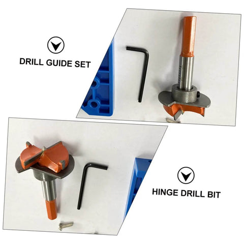 Front view of hinge drill guide set with orange drill bit assembly, locking plate, hex key, and blue plastic stand