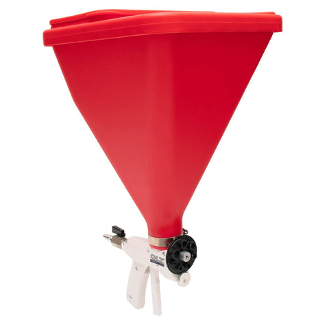 SprayMate Drywall Hopper Gun Texture Sprayer With Seven Orifice Sizes for Effortless Wall Texture, red thermoplastic, side view