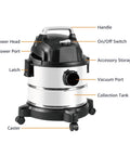 Heavy Duty Wet Dry Vacuum Cleaner For Home, Garage, Or Job Site Use, 4 Gallon Stainless Steel Tank, 3 HP Power, labeled parts