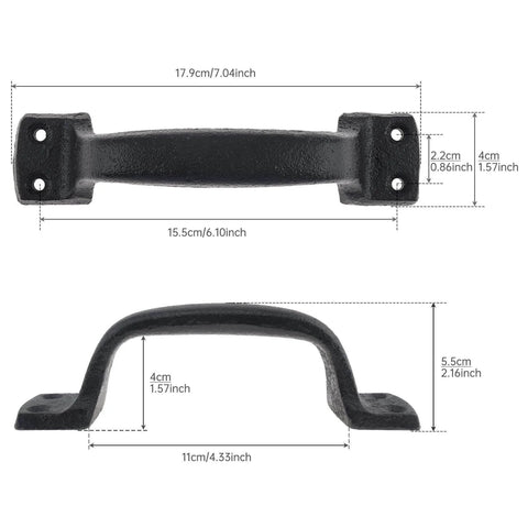 Heavy Duty Sliding Barn Door Handles Black 7 Inch Two Pack Rustic Gate Pull Handles For Shed Fence Cabinet Full Hand Grip Rust Resistant Carbon Steel Powder Coated, front and side view with measurements