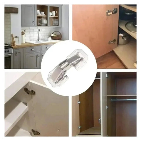 Rotating Concealed Cabinet Hinges Set For No Drill Installation In Stainless Steel Finish shown in various cabinet settings