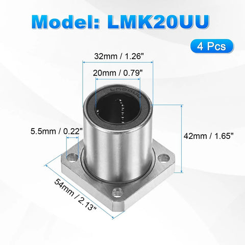 20mm Bore LMK20UU Linear Ball Bearings Four Pack With 32mm Outer Diameter And 42mm Length 5.5mm Hole Flange Base