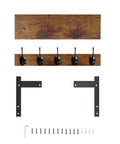 Top Tier Wall Mounted Wood Coat Rack With Five Heavy Duty Metal Hooks And Rustic Brown Shelf for assembly, includes brackets and screws.