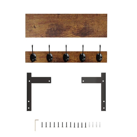 Top Tier Wall Mounted Wood Coat Rack With Five Heavy Duty Metal Hooks And Rustic Brown Shelf for assembly, includes brackets and screws.