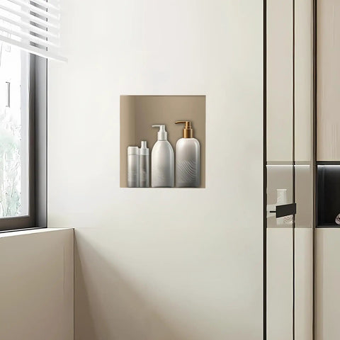 Tile Shower Niche Shelf 17x17 Inches With Texture Inside 14x14 Inches Single Shelf Wall Niche Insert For Bathroom Storage Waterproof And Leak Proof Design For Easy Shower Organization installed in bathroom wall holding bottles