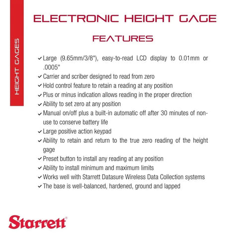 Electronic Digital Height Gage With SPC Output And Scriber 0 To 12 Inches Range 0.0005 Inch Resolution Manual On Off Large LCD Display features list