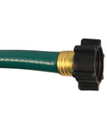 Close-up of Go-To Light Duty Garden Hose 100 Foot 5/8 Inch With Brass Couplings, 3-Ply Vinyl Reinforced, Green