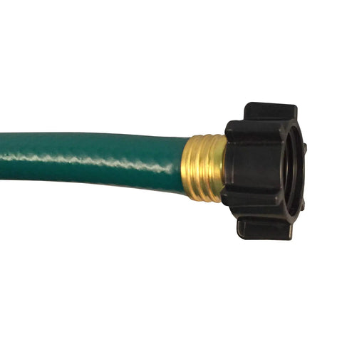 Close-up of Go-To Light Duty Garden Hose 100 Foot 5/8 Inch With Brass Couplings, 3-Ply Vinyl Reinforced, Green