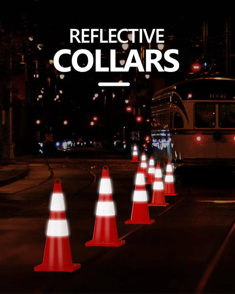 10 Pack 28 Inch Traffic Safety Cones With Reflective Collars For Day And Night Visibility on a city street at night