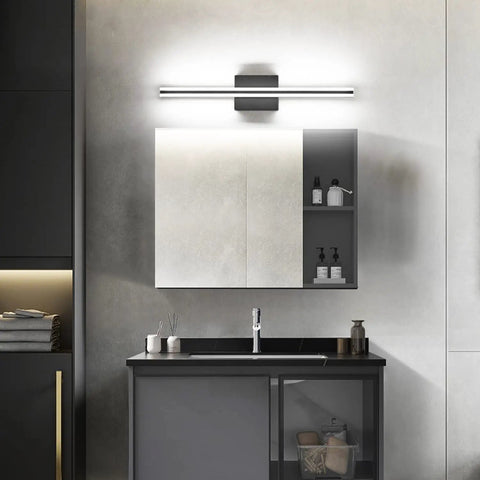 24 Inch Dimmable Black LED Vanity Light for Bathroom Over the Mirror installed above a modern bathroom sink