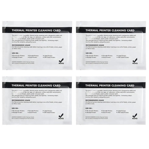 Run Your Rig Like New Again With This Top Shelf Eight Piece Card Printer Cleaning Kit Including Pre Saturated Long And Short Cards For Flawless Printhead And Roller Tuneups Compatible With Zebra Models - Four thermal printer cleaning cards in packaging.