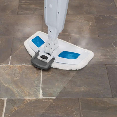 Mop on tile floor with 4 Pack Microfiber Scrubby Mop Pads For PowerFresh 1940 Steam Mop Replacement, scrubbing strips visible